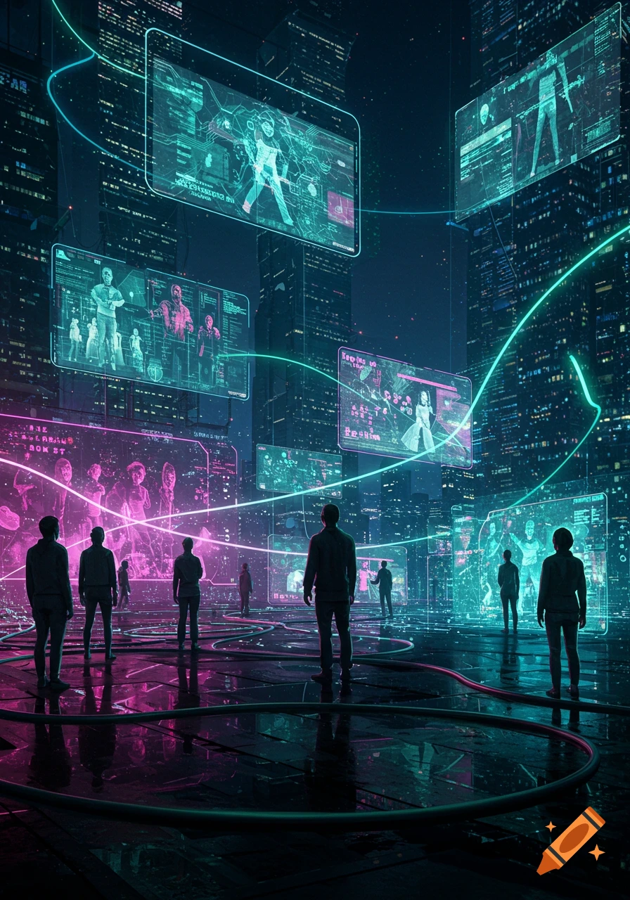 People watch glowing holographic screens with data and figures in a dark, neon-lit futuristic city.