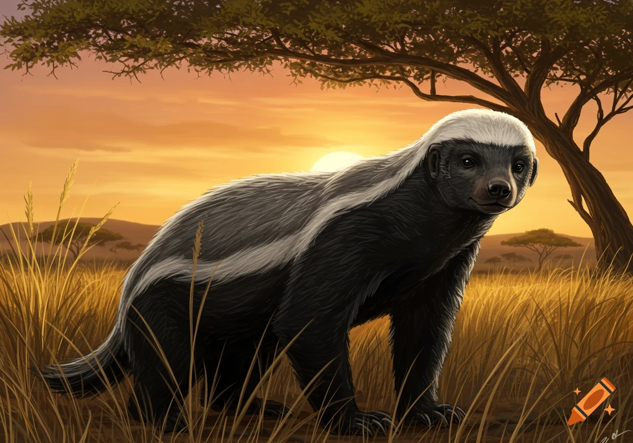 A detailed illustration of a honey badger standing in tall grass at sunset in a savanna landscape.