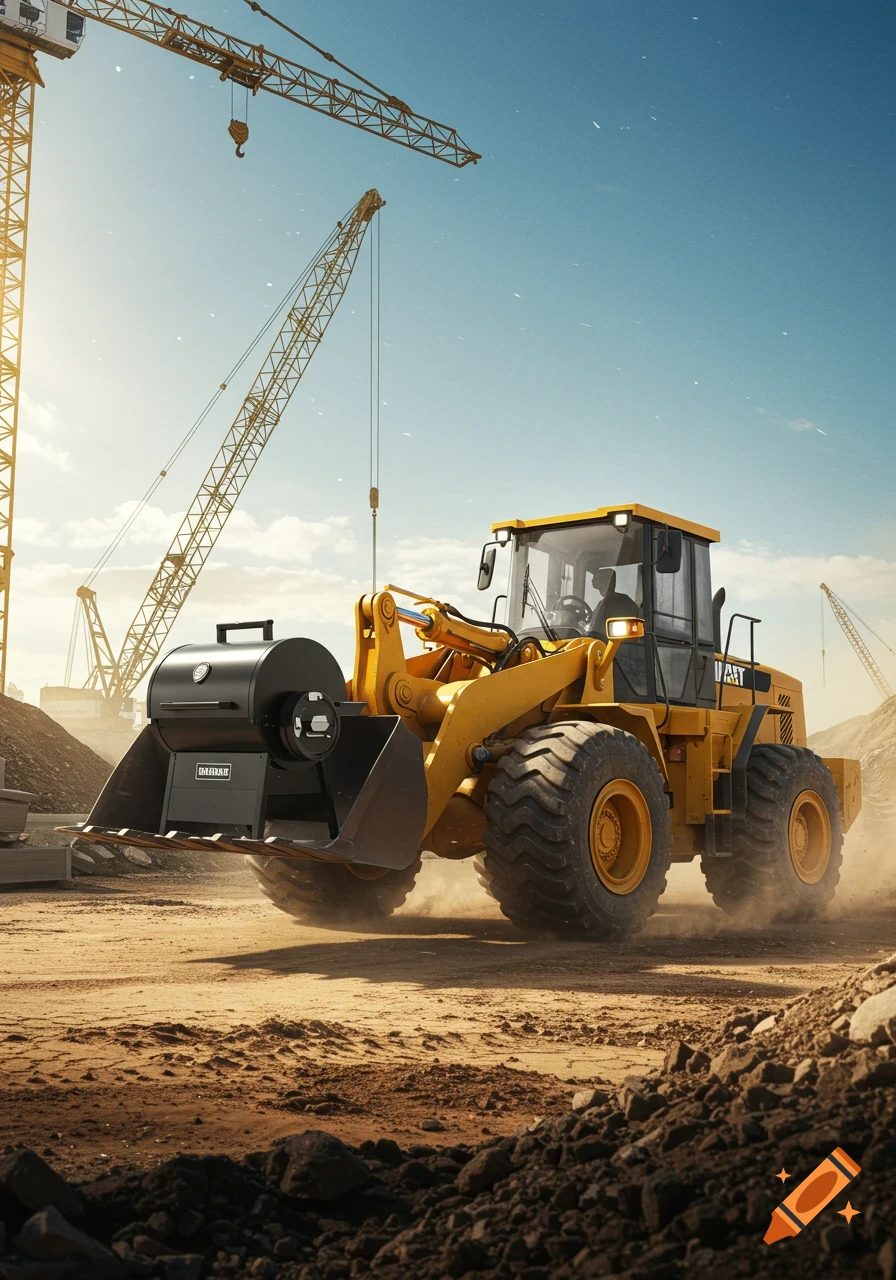 A yellow wheel loader with a black pellet grill in its front bucket, kicking up dust on a dirt construction site with cranes under a blue sky.