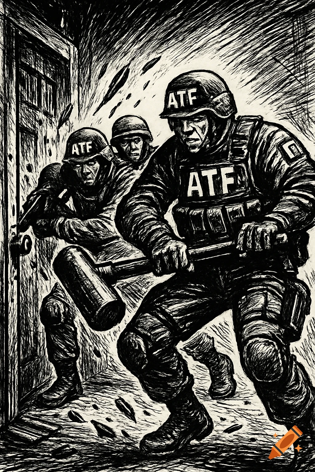 Black and white line drawing of three ATF SWAT officers breaking down a door with a battering ram, in a comic art style.