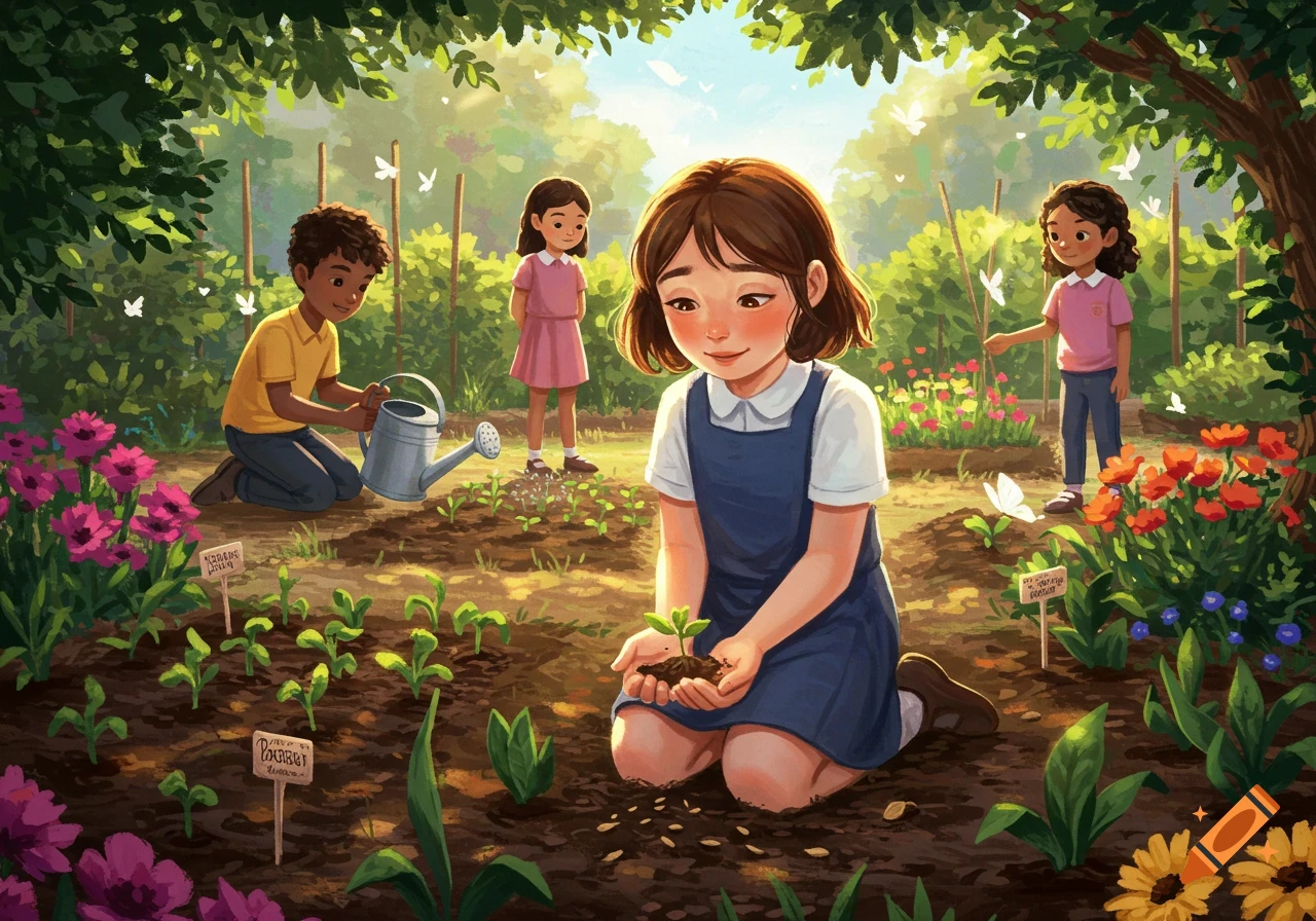 Children planting and watering in a vibrant, sunny garden, in an illustrative style.