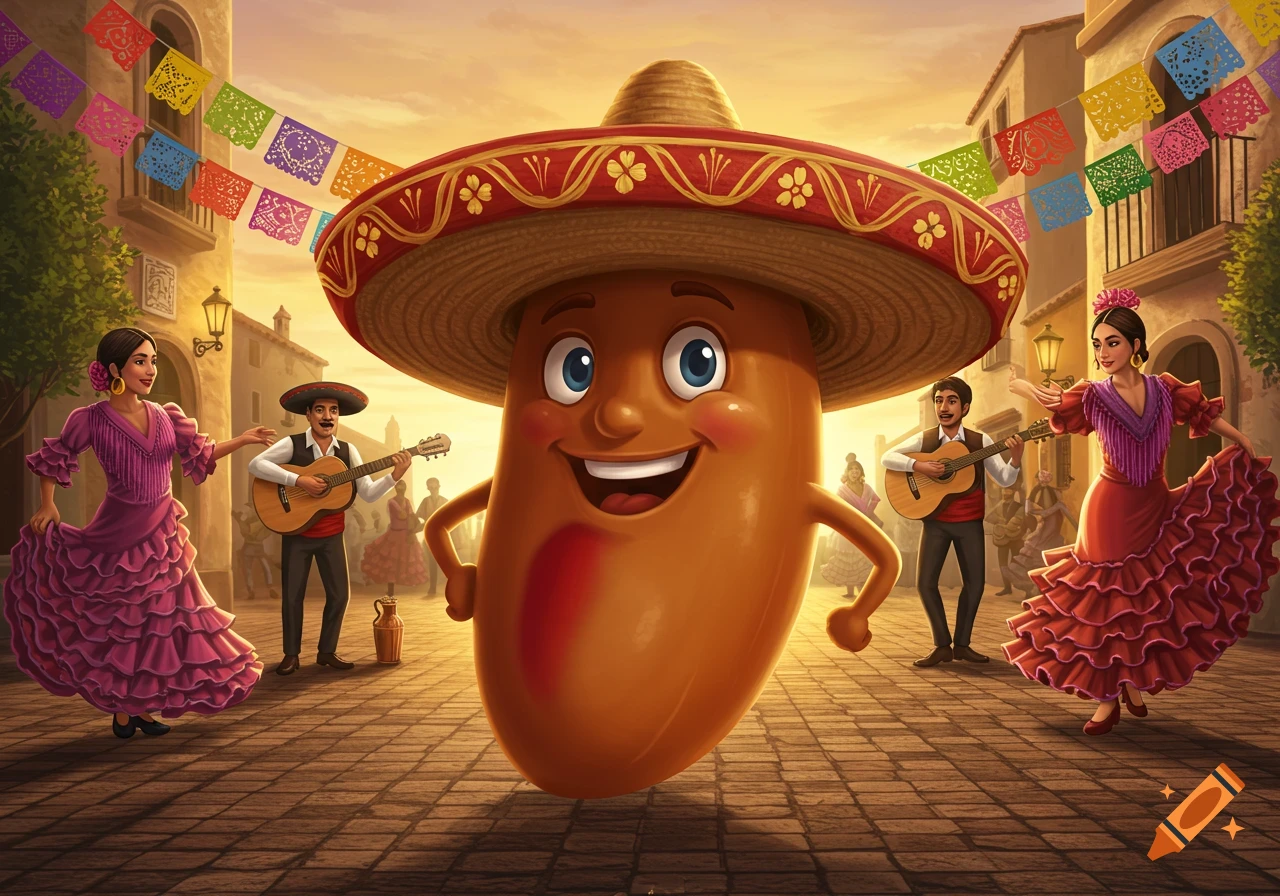 A cheerful cartoon bean in a sombrero dances in a festive Mexican street scene with musicians and dancers, under colorful banners.