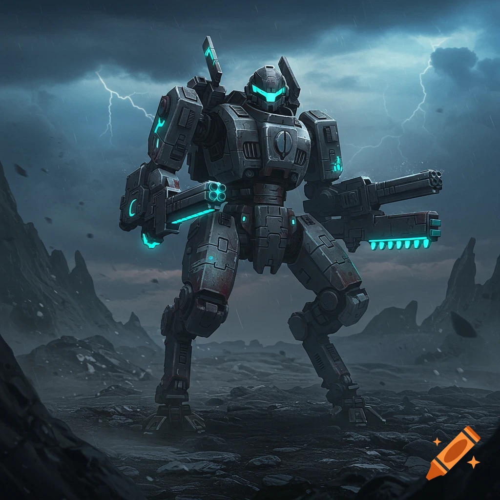 A heavily armored sci-fi mech with glowing blue accents stands in a rocky, stormy landscape with lightning.