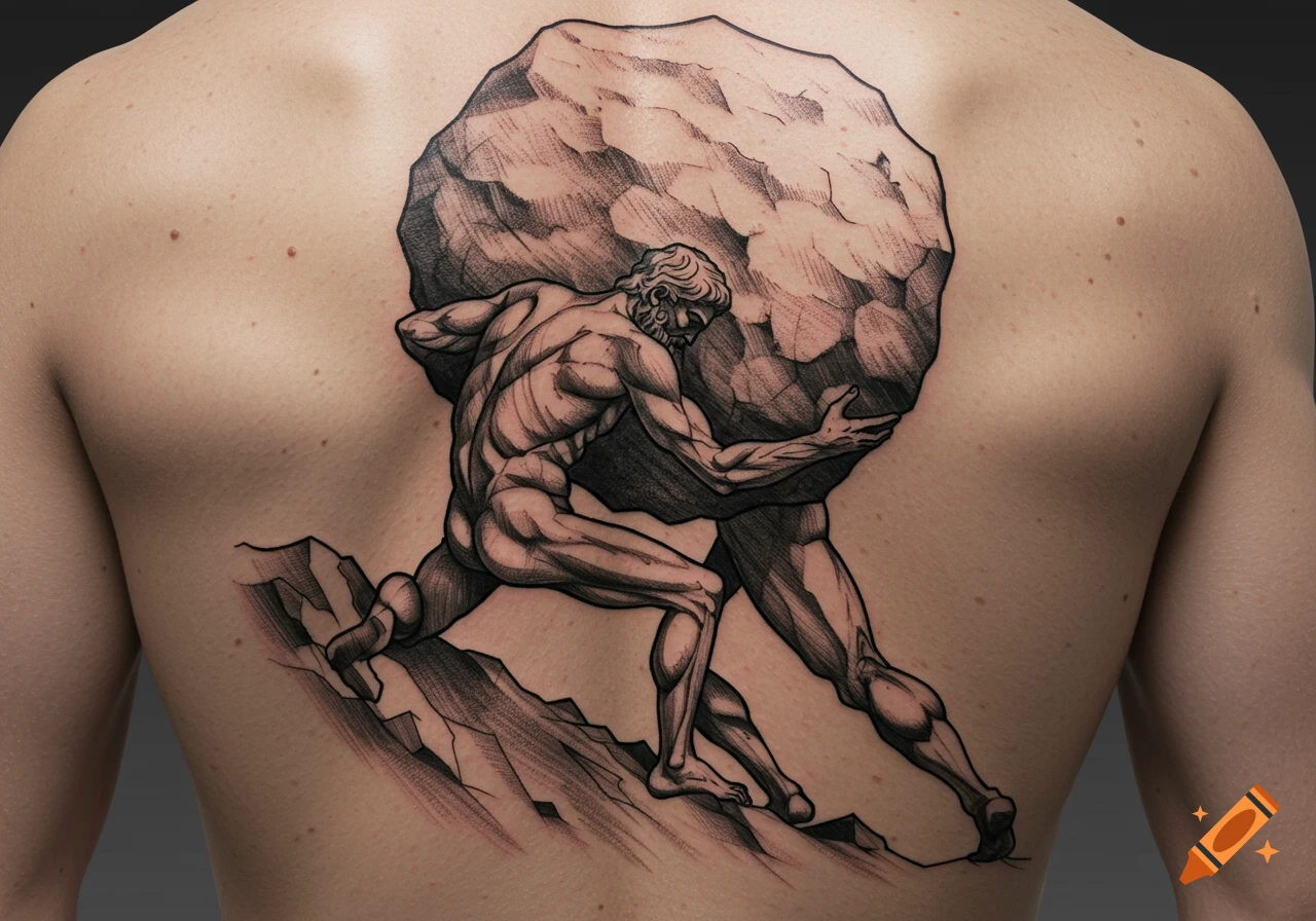 A detailed black and white tattoo on a person's back depicting Sisyphus pushing a large boulder up a hill.