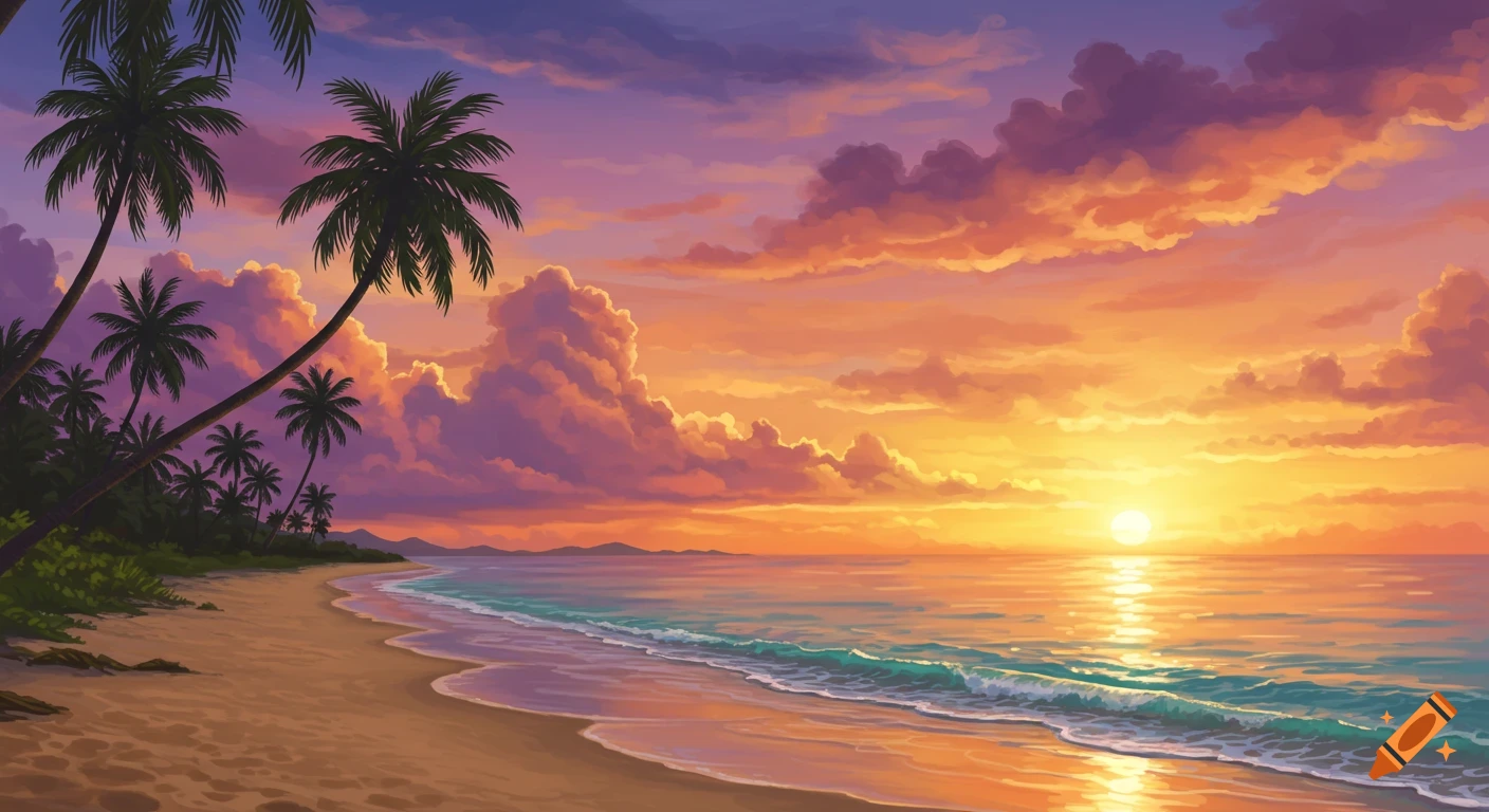 Vibrant illustration of a beach at sunset with silhouetted palm trees, colorful clouds, and calm ocean waves.
