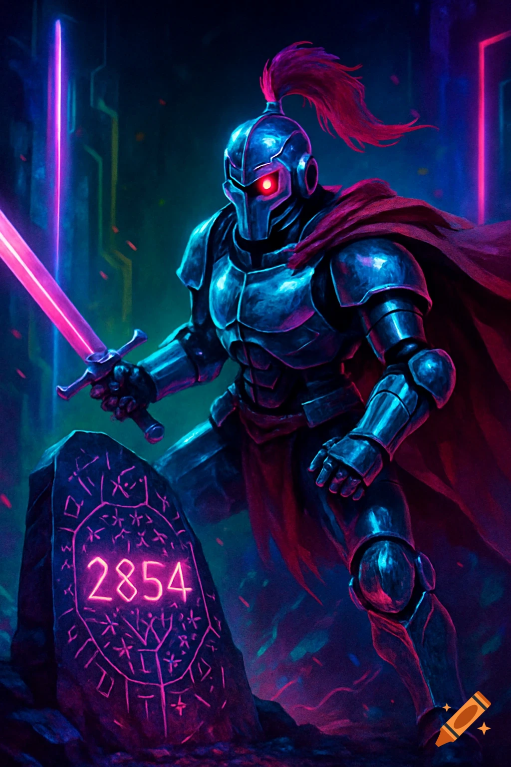 A robot knight in dark armor and a red cape holds a glowing pink sword next to a rune-covered stone slab displaying the neon number "2854."