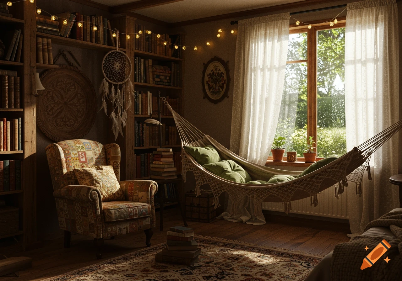 A cozy cottagecore bedroom with bookshelves, an armchair, a hammock, and string lights, bathed in sunlight from a window.
