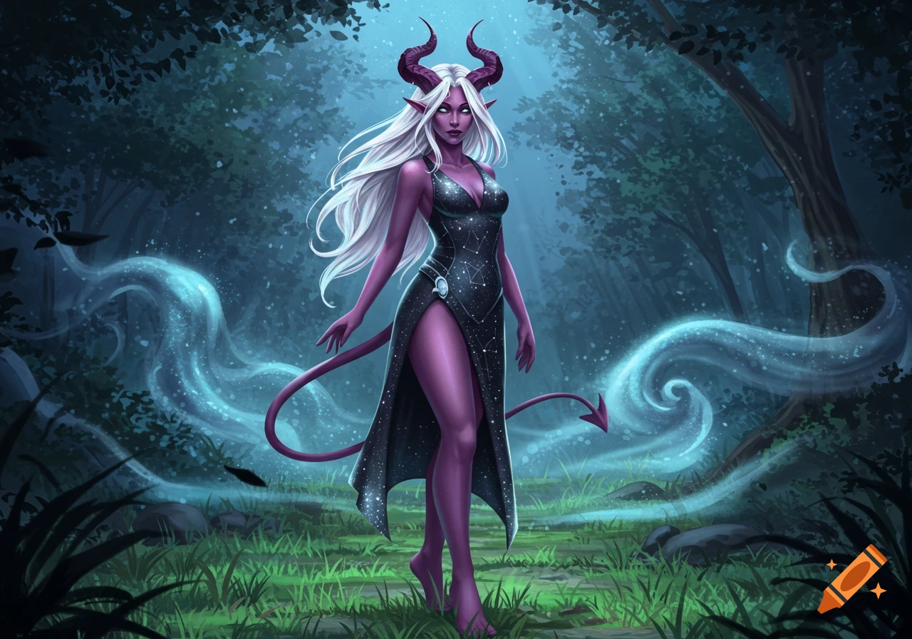 A female tiefling with long white hair, violet skin, horns, and a tail, wearing a dark dress with star patterns, standing in a moonlit forest.