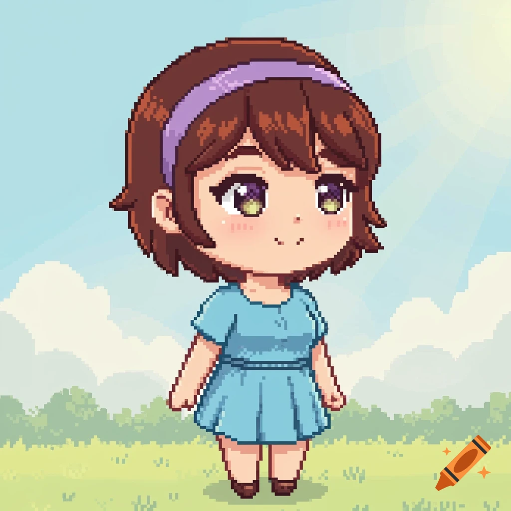Pixel art chibi female character with a purple headband in a blue dress, standing in a sunny grassy field.