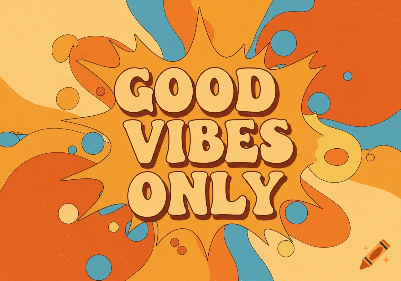 Retro 'Good Vibes Only' print with psychedelic swirls and shapes in orange, blue, and yellow.
