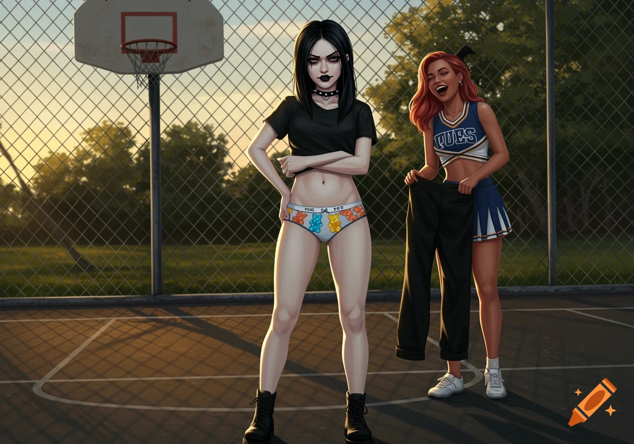 A goth girl in gummy bear underwear and a cheerleader with her pants on a basketball court. Digital art.