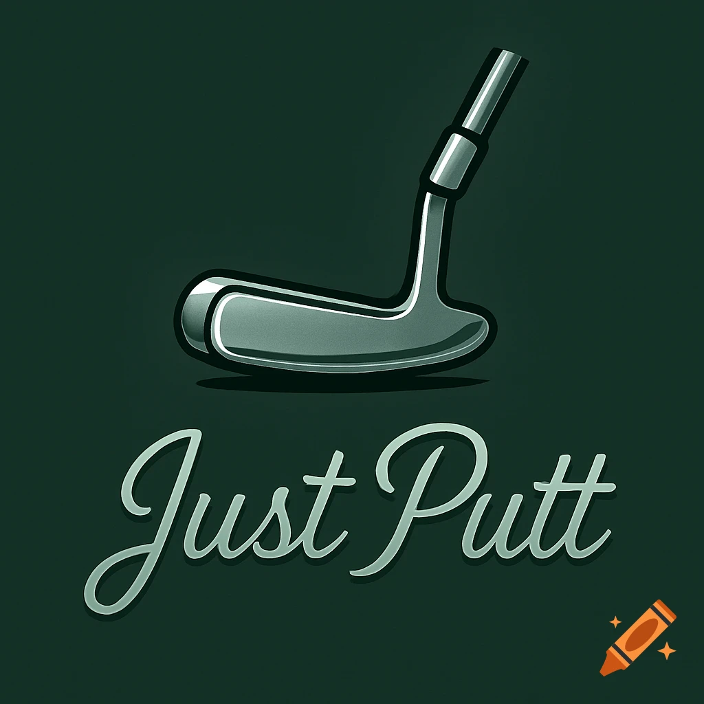 A logo featuring a silver golf putter above the cursive words Just Putt on  a dark green background. on Craiyon, image size:1024x1024