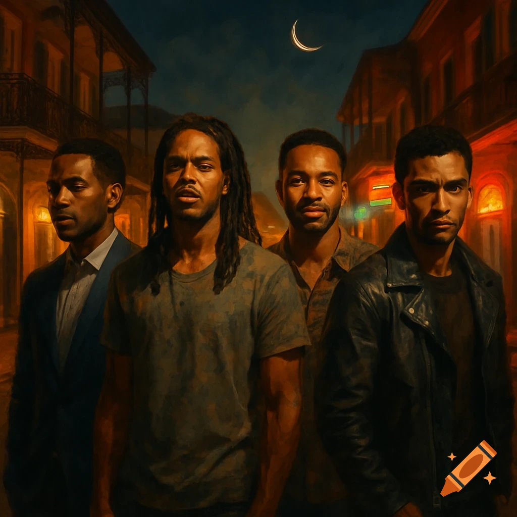 Four Black men stand under a crescent moon in a moody, cinematic painting of a New Orleans street at night.