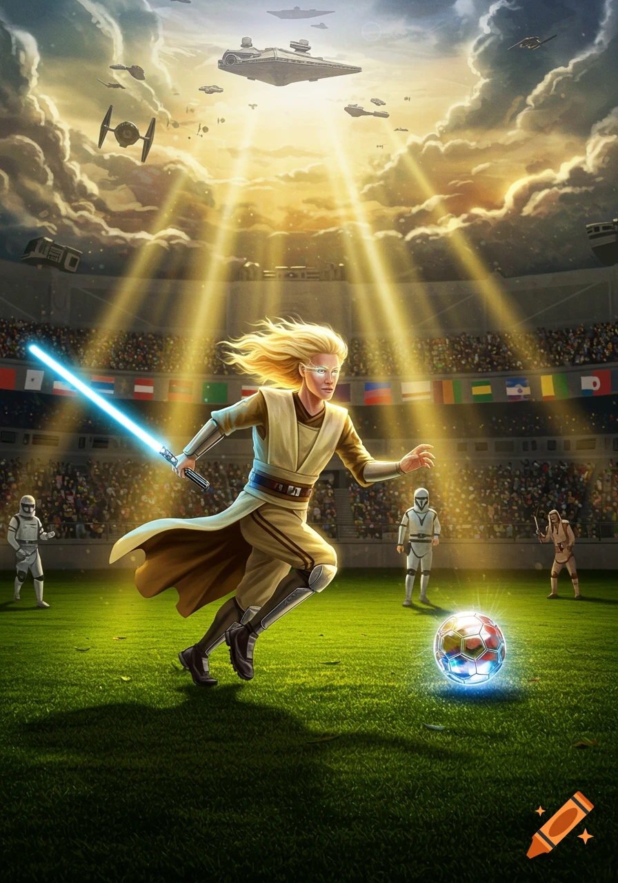 A blonde Jedi soccer player kicks a glowing ball in a stadium, with Star Destroyers and TIE Fighters flying overhead.