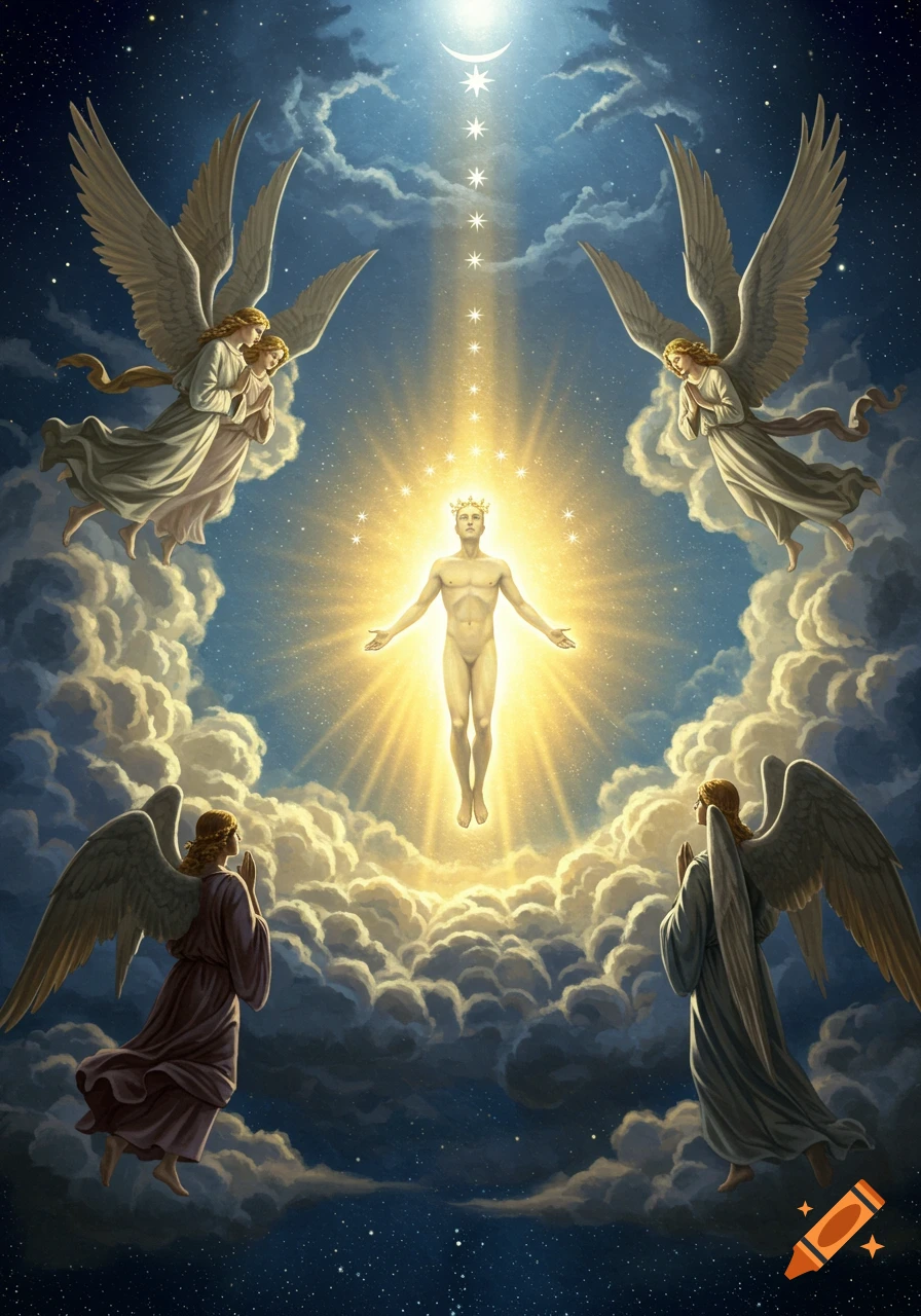 A glowing crowned nude man floats above clouds in a starry sky, illuminated by light, surrounded by four angels.