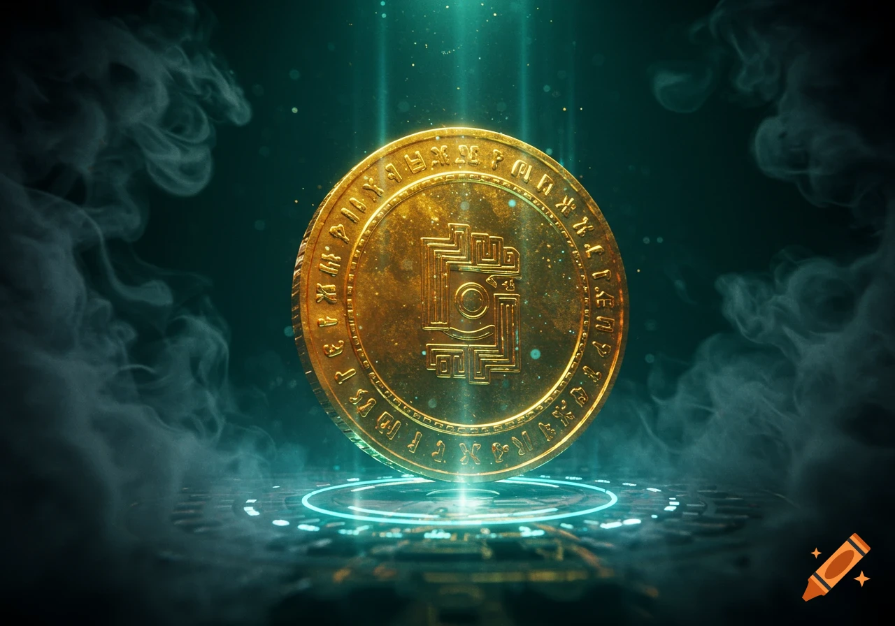 A glowing golden coin with intricate symbols and futuristic designs, bathed in green light and surrounded by smoke on a digital platform.