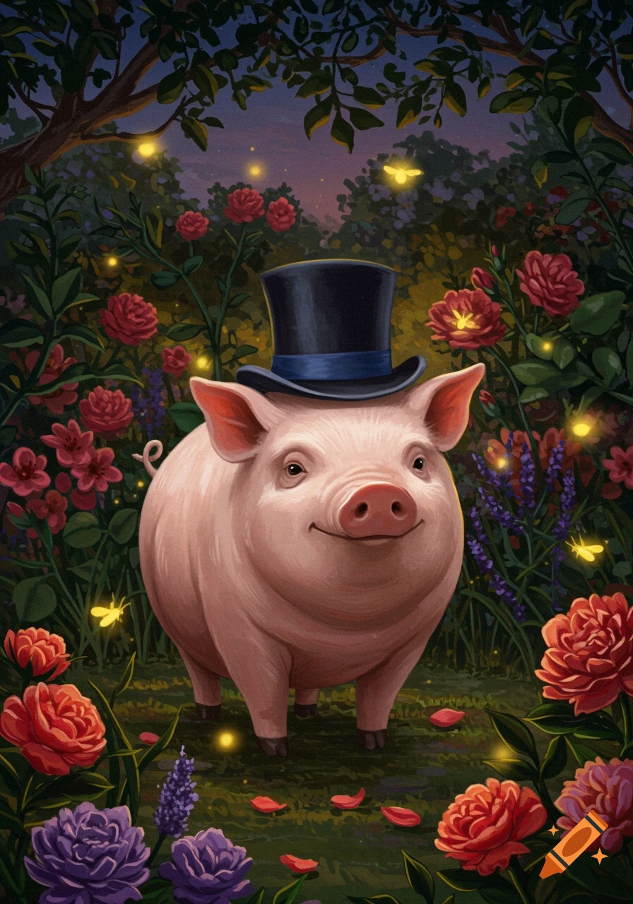 A smiling pig wearing a top hat stands in a lush, dark garden filled with red and purple flowers and glowing fireflies.