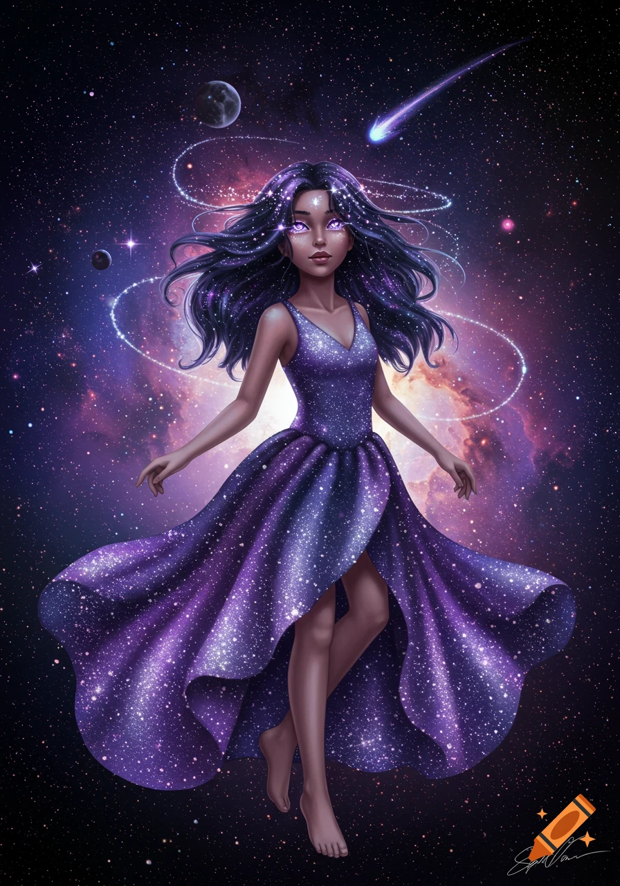 An illustrated galaxy princess with glowing eyes and hair, wearing a shimmering purple dress, floating among stars and planets.
