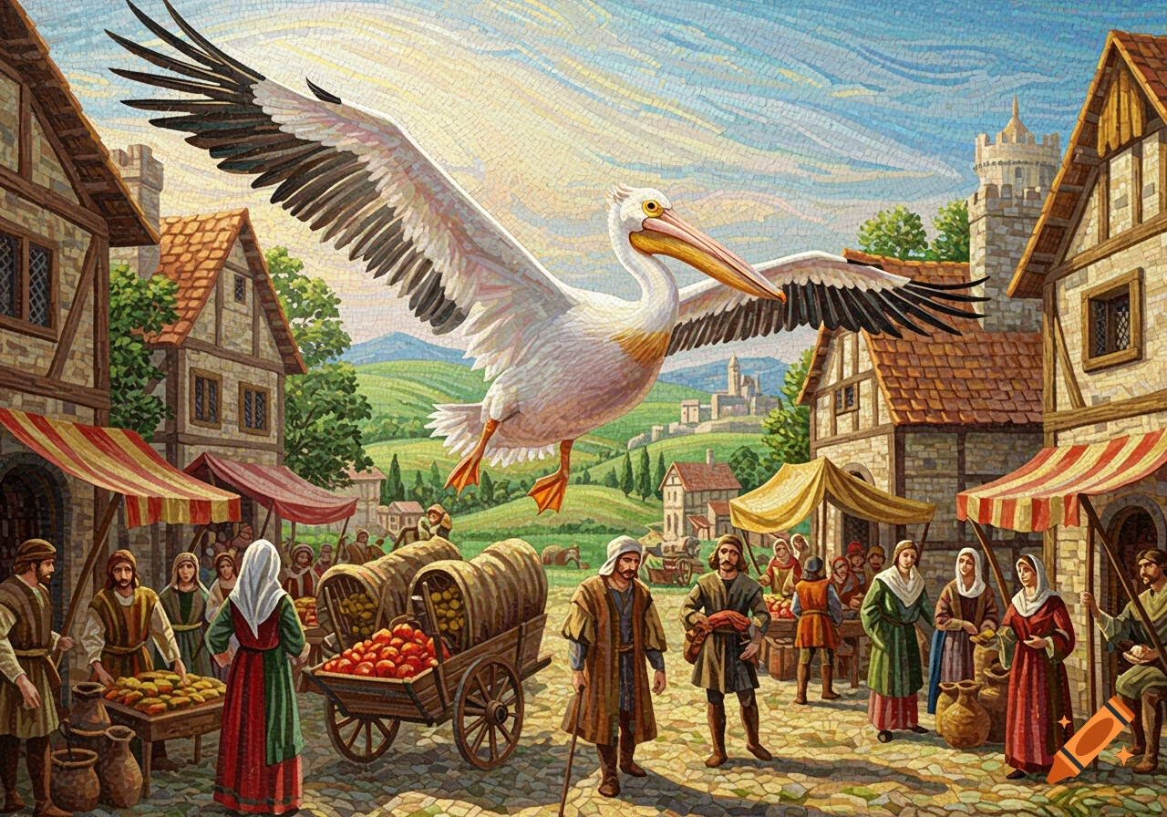 A large white pelican flies over a busy medieval market square, depicted in a mosaic art style.