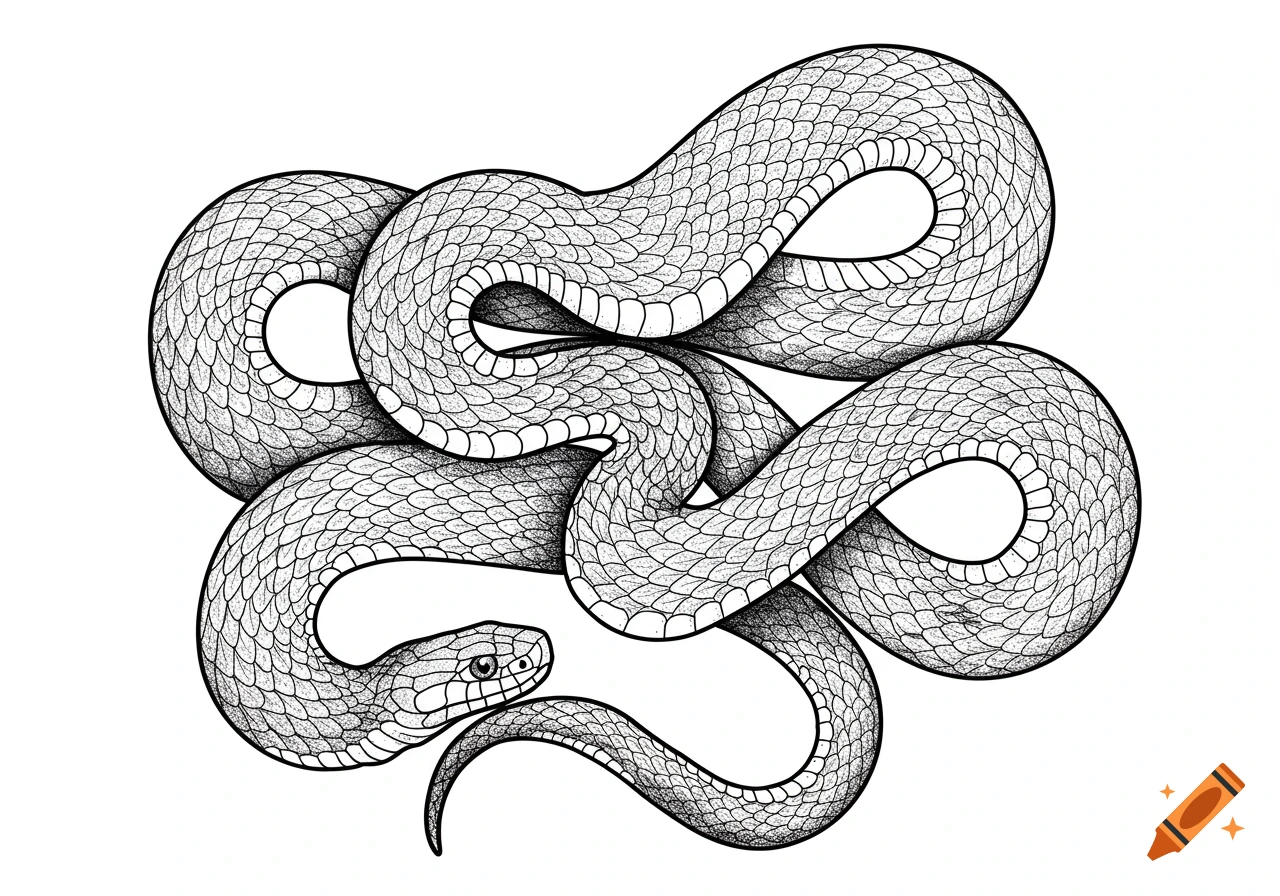 An intricate black and white ink drawing of a snake coiled upon itself, resembling a tattoo design.