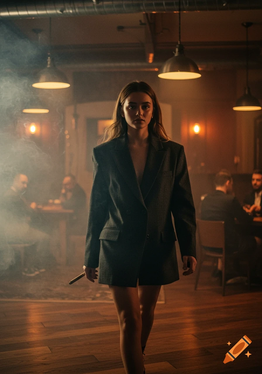 A woman in an oversized blazer walks confidently through a smoky, dimly lit room, holding a cigar.