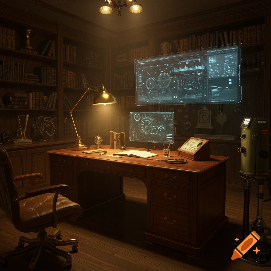 A dark, ornate steampunk office with a wooden desk, leather chair, glowing lamp, and holographic screens displaying technical data. Bookshelves line the walls.
