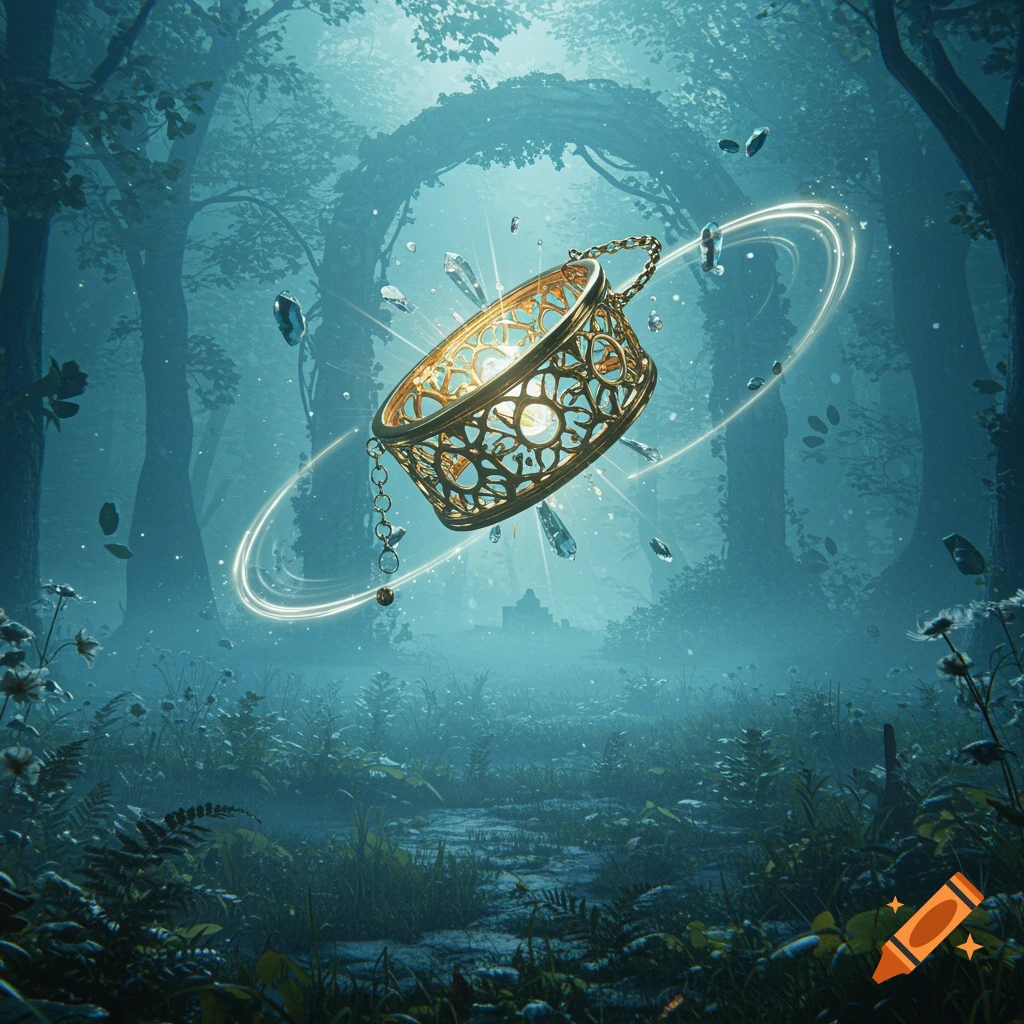 A glowing, ornate golden locket floats in a mystical, blue-lit forest with ethereal particles and an ancient archway.