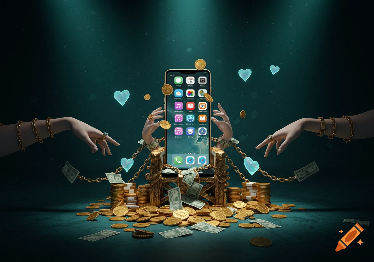 A smartphone on a golden throne, surrounded by money and coins, with chained hands and blue hearts, symbolizing technology's influence.