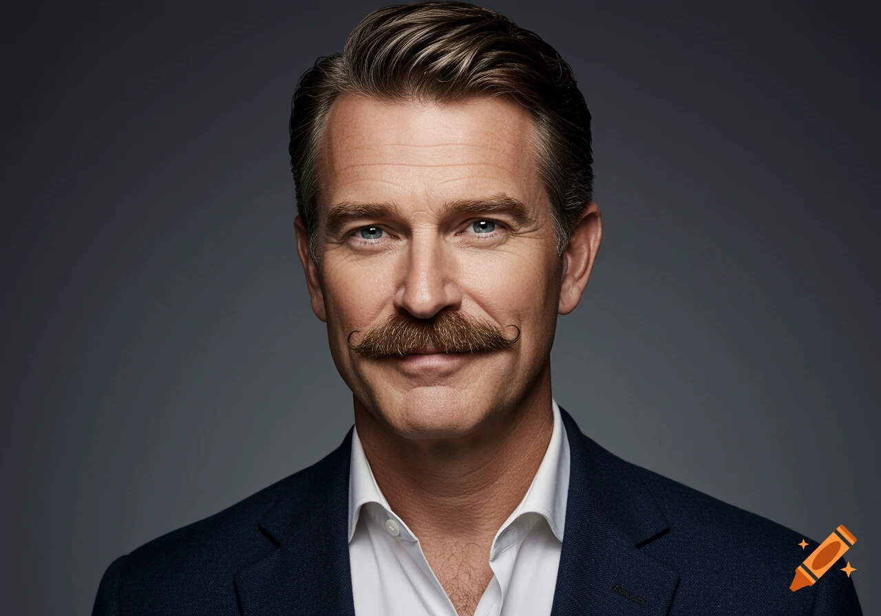 A photorealistic portrait of a man with a prominent handlebar mustache, wearing a suit jacket and white shirt, looking directly at the viewer against a gray background.