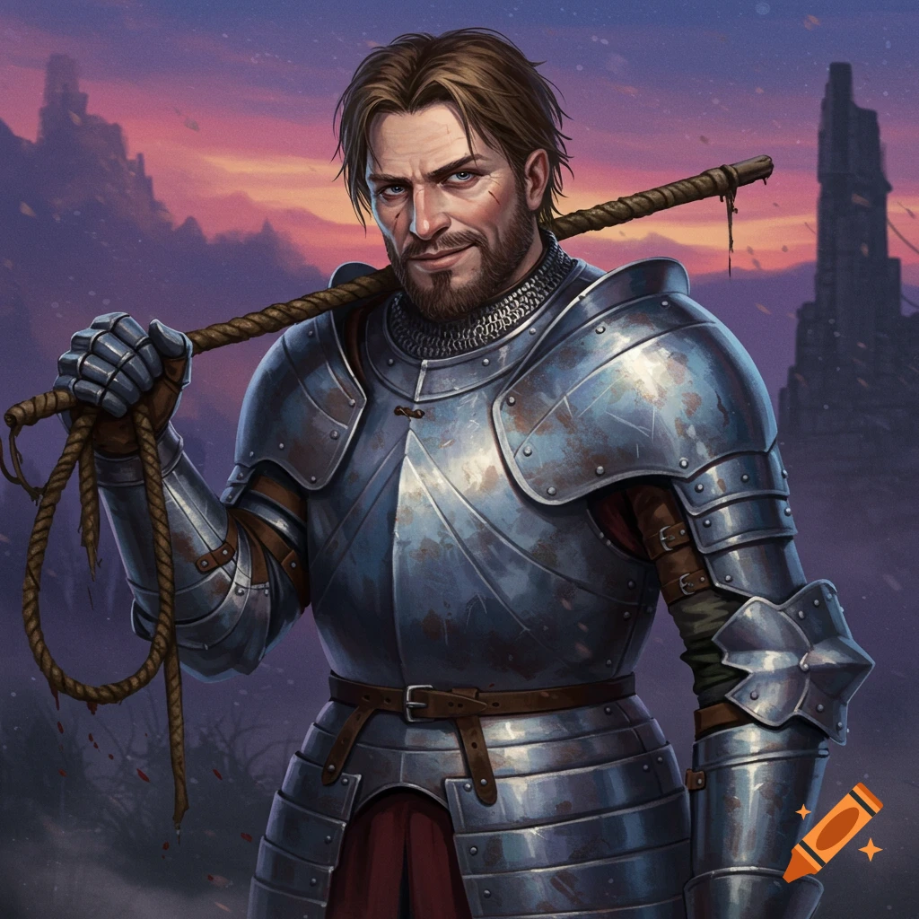 A stern knight in worn plate armor holds a noose over his shoulder against a dramatic sunset background with ruins.