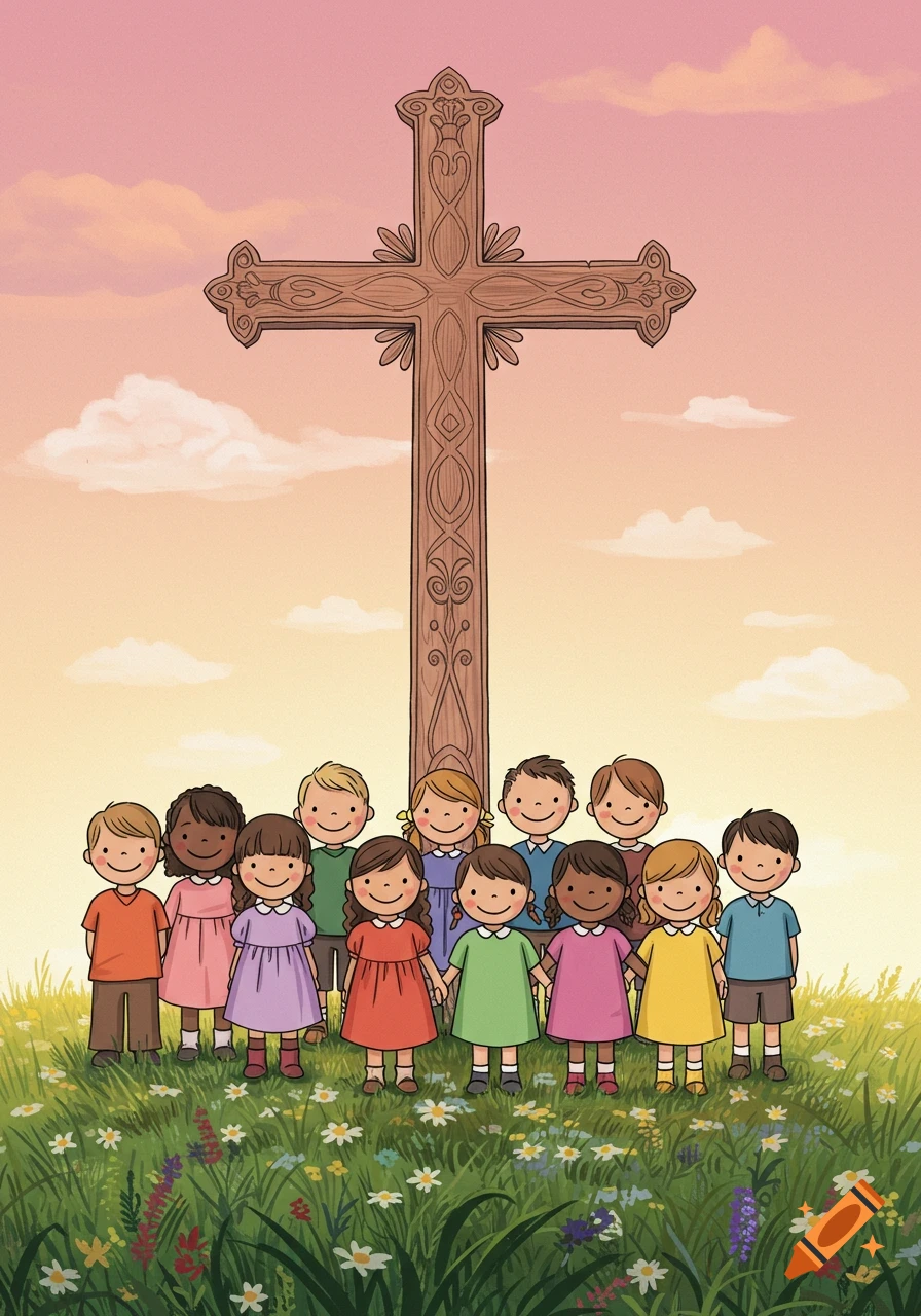 Cartoon of diverse children standing in a field of flowers in front of a large wooden cross under a pastel sky.