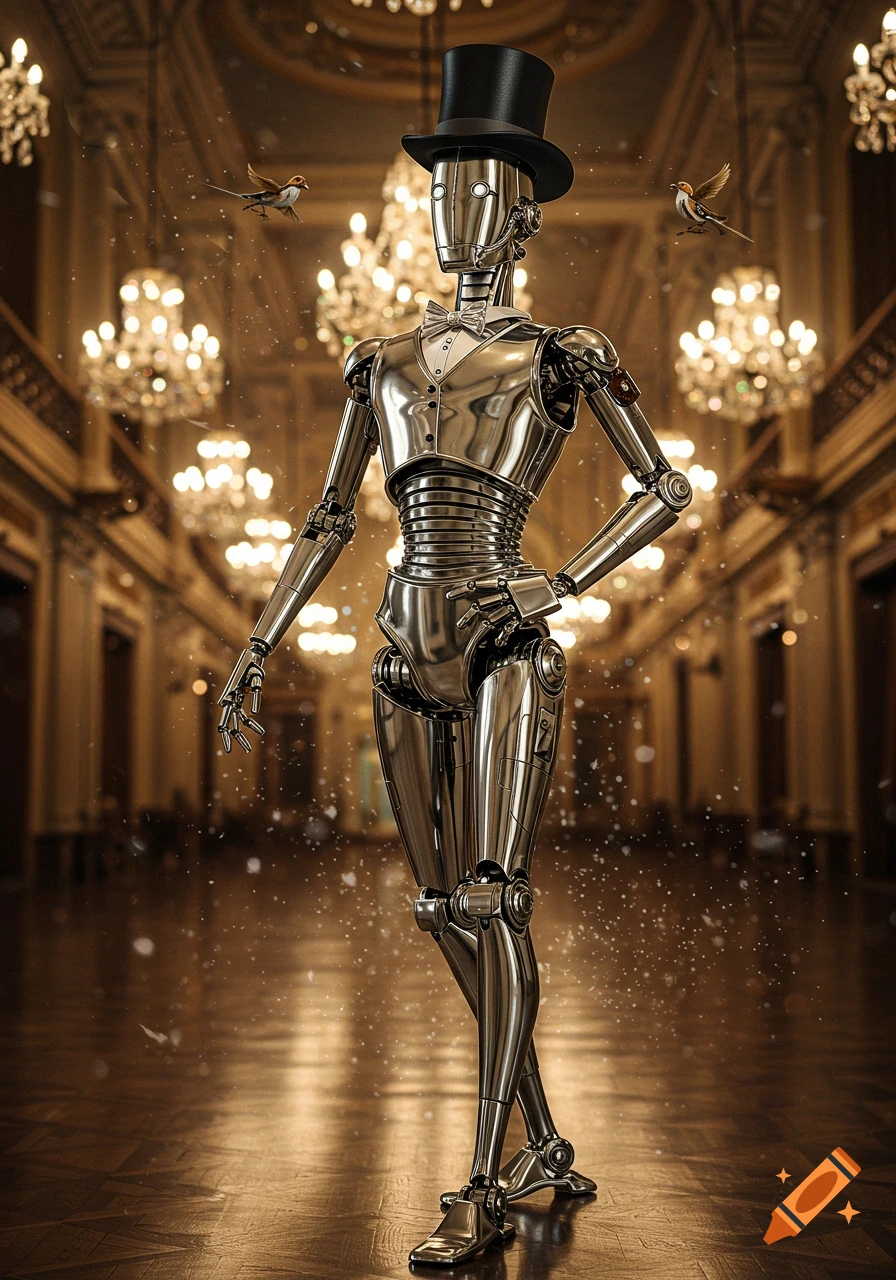 A dapper metallic robot in a top hat and tuxedo stands in a grand hall with chandeliers.