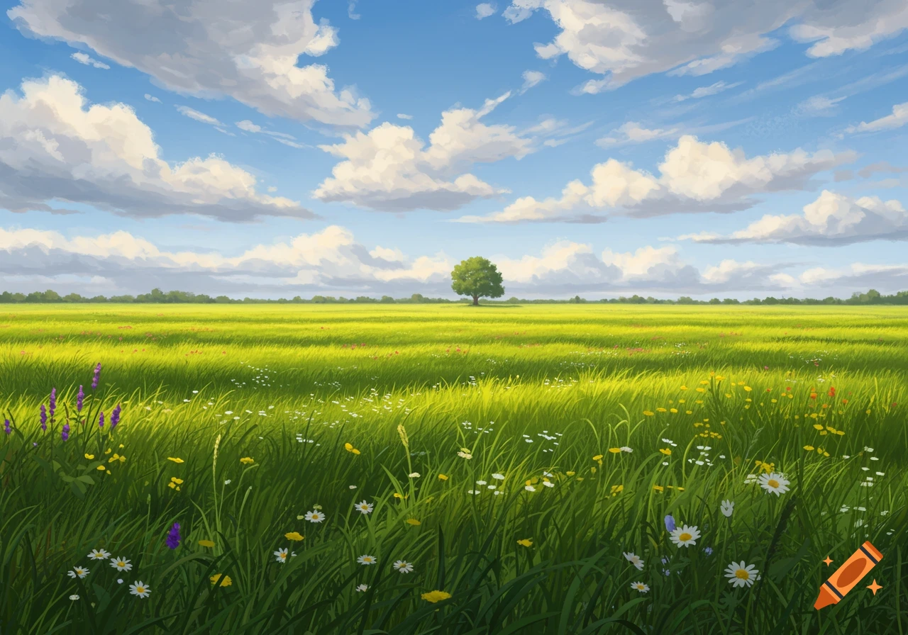 Vast green plains with a lone tree in the distance under a blue sky with fluffy clouds, with wildflowers in the foreground.