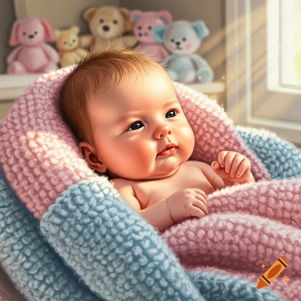 Photorealistic image of a baby wrapped in a pink and blue knitted blanket, with blurred stuffed animals in the background.