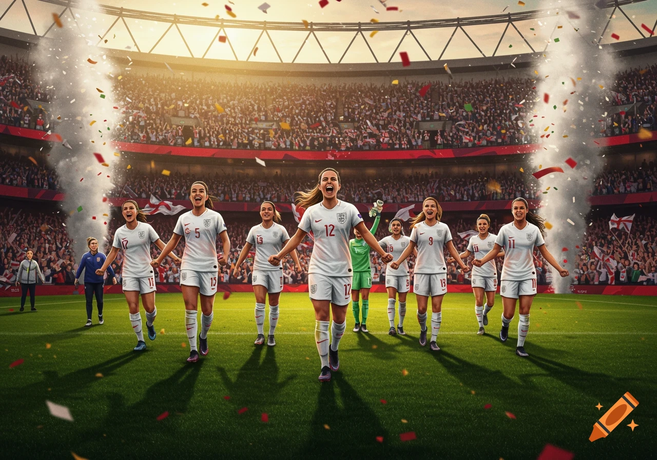The England women's football team celebrates victory on a stadium field with confetti and smoke in a photorealistic style.