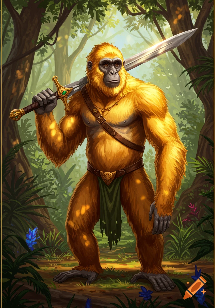 A golden-furred ape-like creature stands in a tropical jungle, holding a sword over its shoulder. Detailed fantasy illustration.