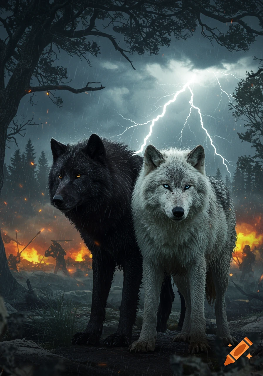 Two wolves, one black and one white, stand under a lightning strike in a stormy, fiery war-torn landscape.