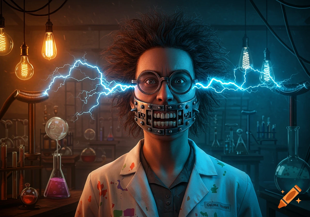A wild-haired scientist in a lab coat with a metal mouth device and electricity around their head in a dim laboratory.