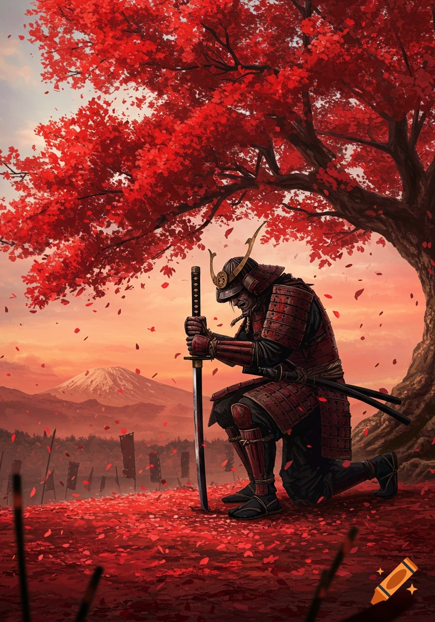 A battle-weary samurai kneels under a vibrant red maple tree, holding a katana, with Mount Fuji and battle flags in the background. Digital painting.