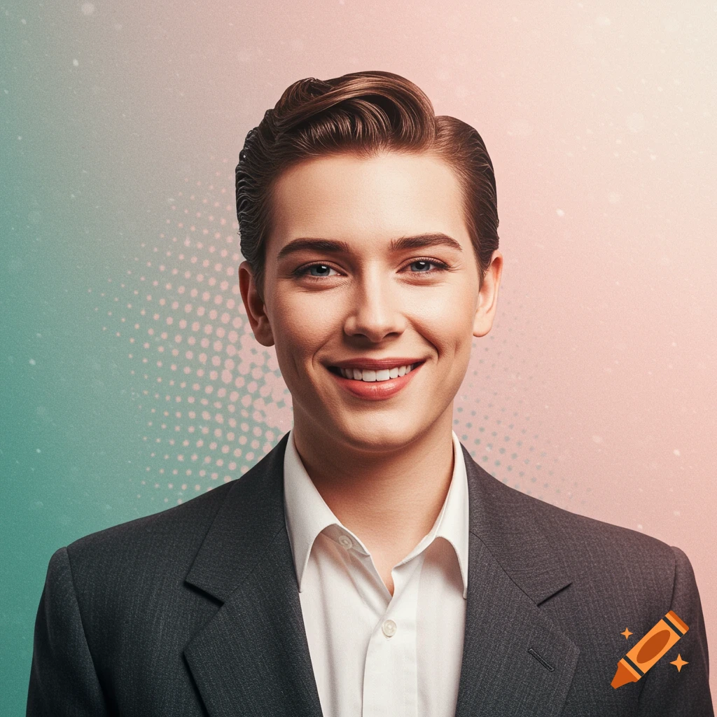 Smiling person with a 1950s-inspired hairstyle in a suit against a gradient background.