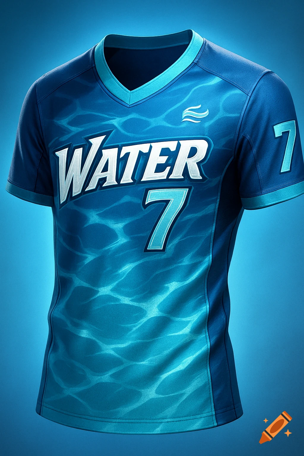 Blue sports jersey with 'WATER 7' text and a wave pattern, featuring the number 7.