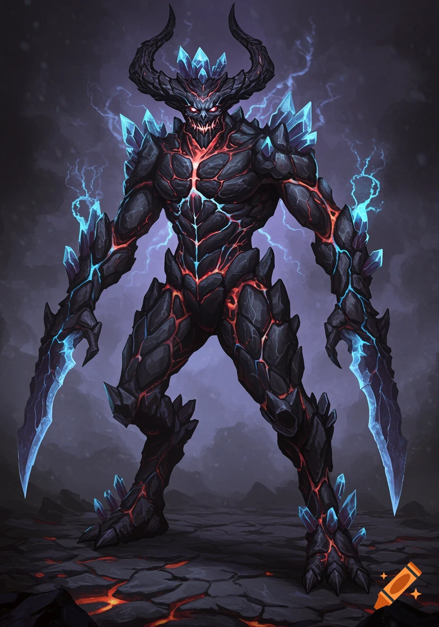 A powerful black demonic creature made of jagged rocks and glowing red lava cracks, with blue crystals and lightning bolts.