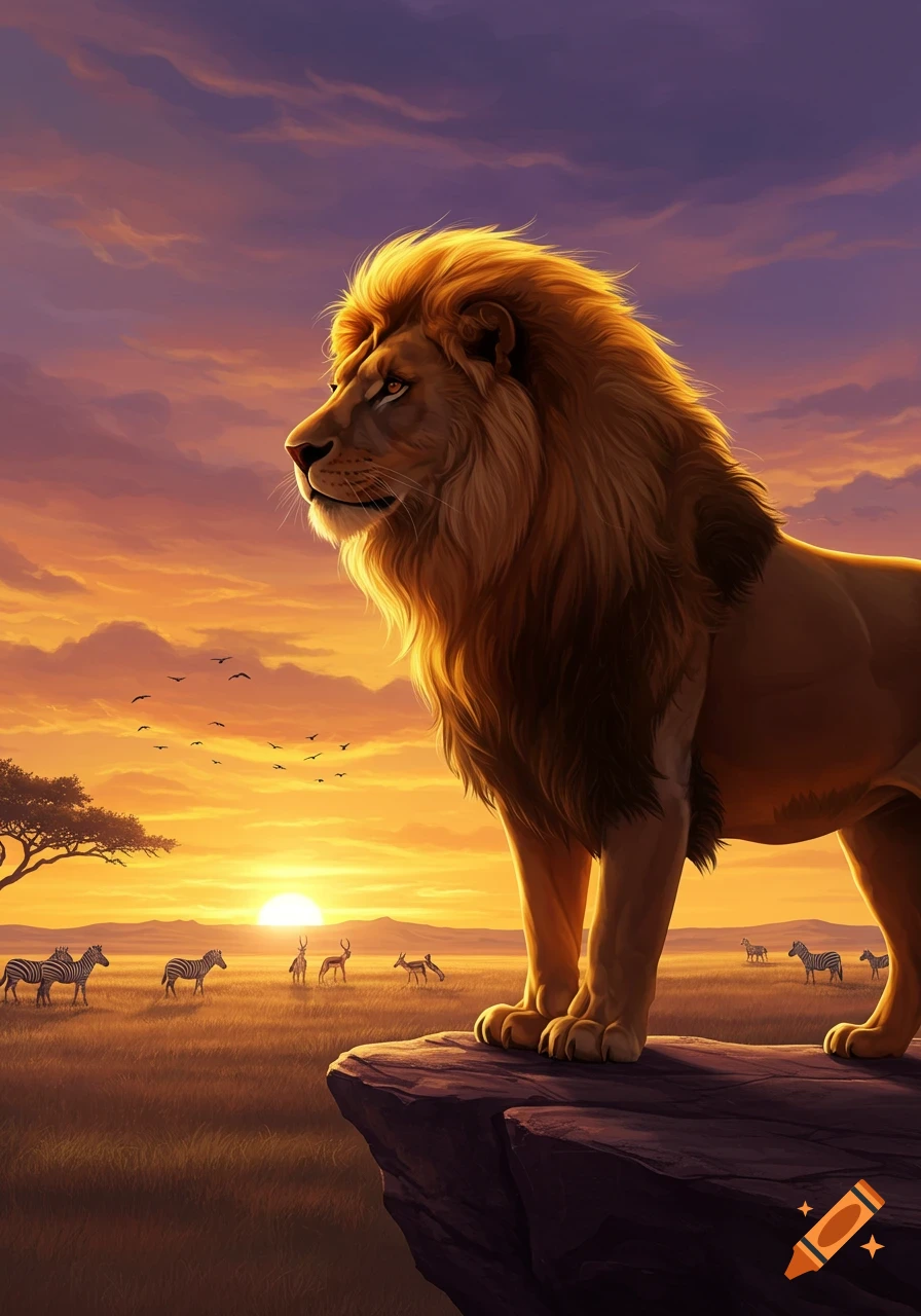 A majestic lion stands on a rock, looking over a savanna with zebras and gazelles during a vibrant sunset.