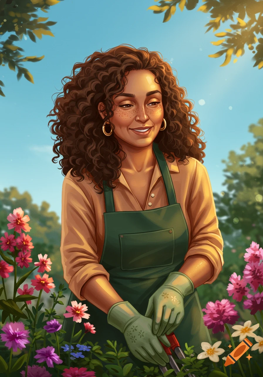 Illustrated portrait of a smiling woman with curly brown hair and freckles, wearing a green apron and gardening gloves, tending to colorful flowers in a sunny garden.
