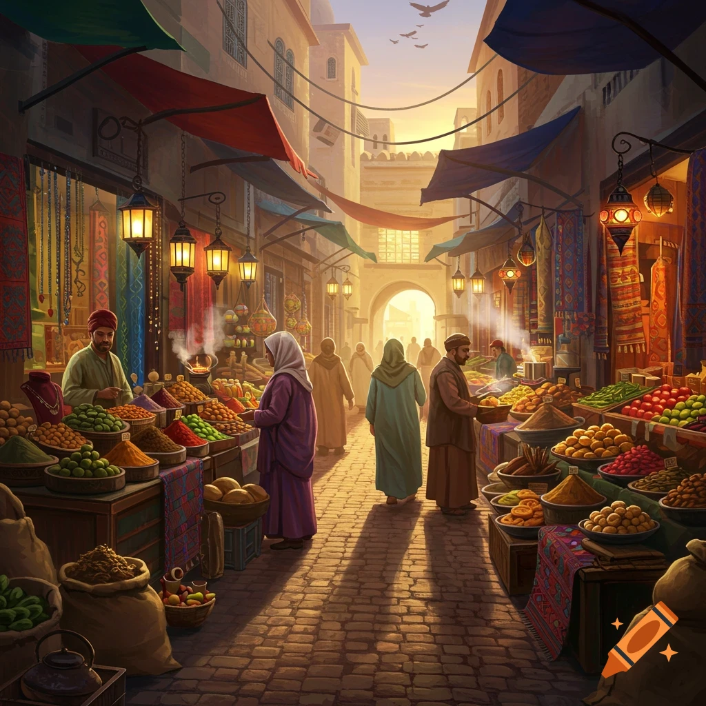 A vibrant, colorful bazaar at sunset, with merchants selling goods from stalls along a narrow, bustling street.