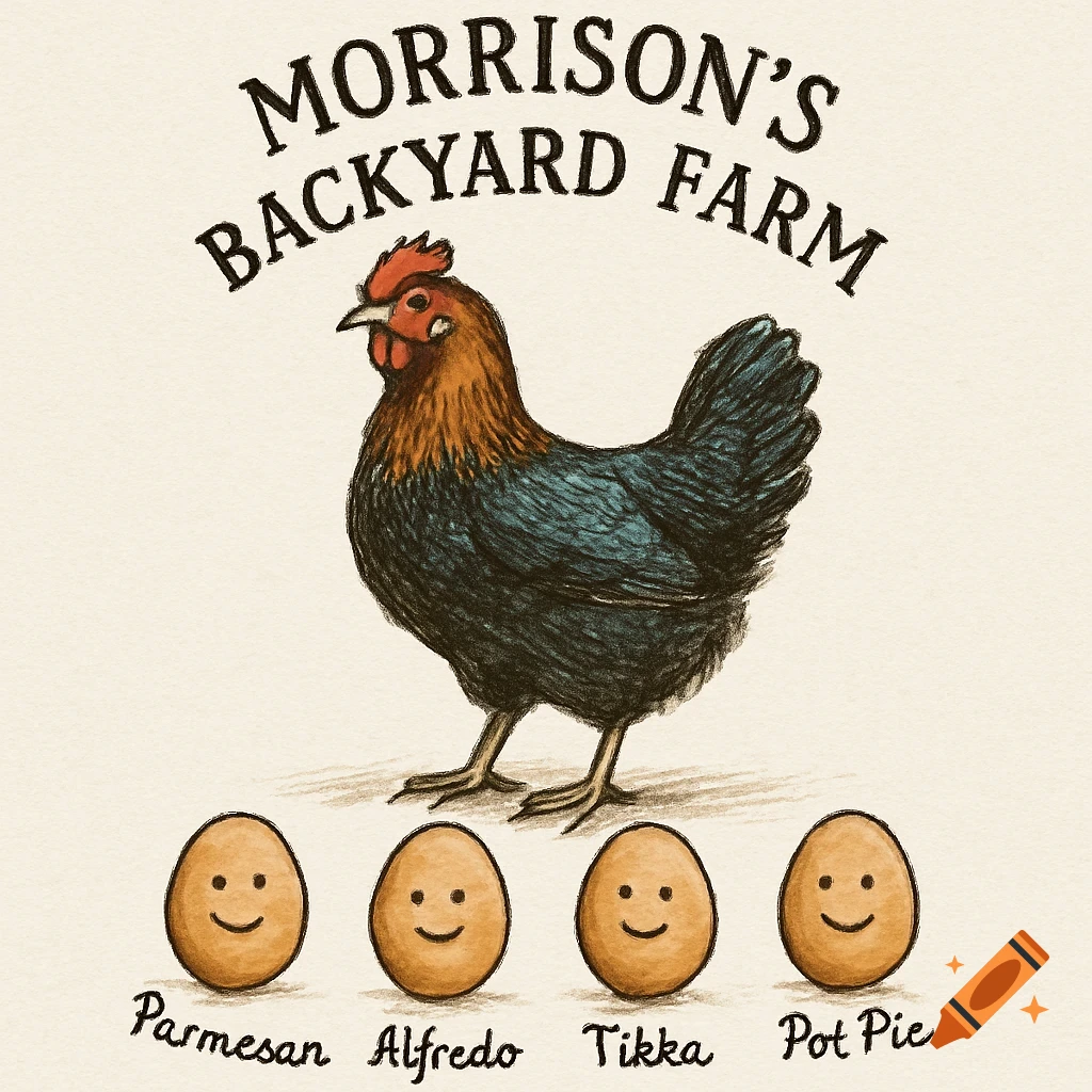 A sketch-style logo featuring a chicken above four eggs with smiley faces, with text 'Morrison's Backyard Farm'.