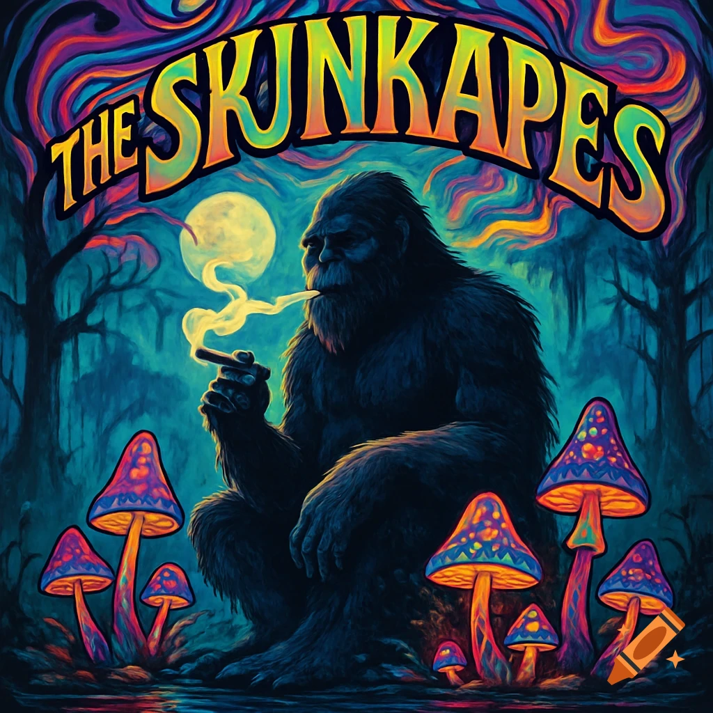 A psychedelic band logo of Bigfoot smoking in a mystical swamp with glowing mushrooms under a full moon, with 'THE SKUNKAPES' text.