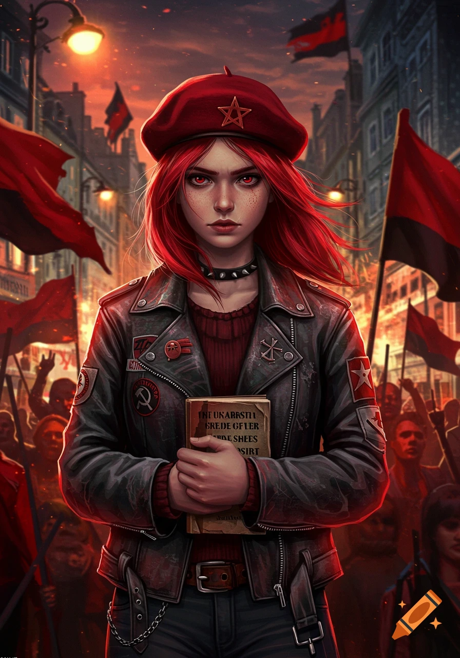 A stylized depiction of a red-haired girl with red eyes, wearing a red beret with a star and a black leather jacket, holding a book. She stands in a city street among a crowd holding red and black flags.