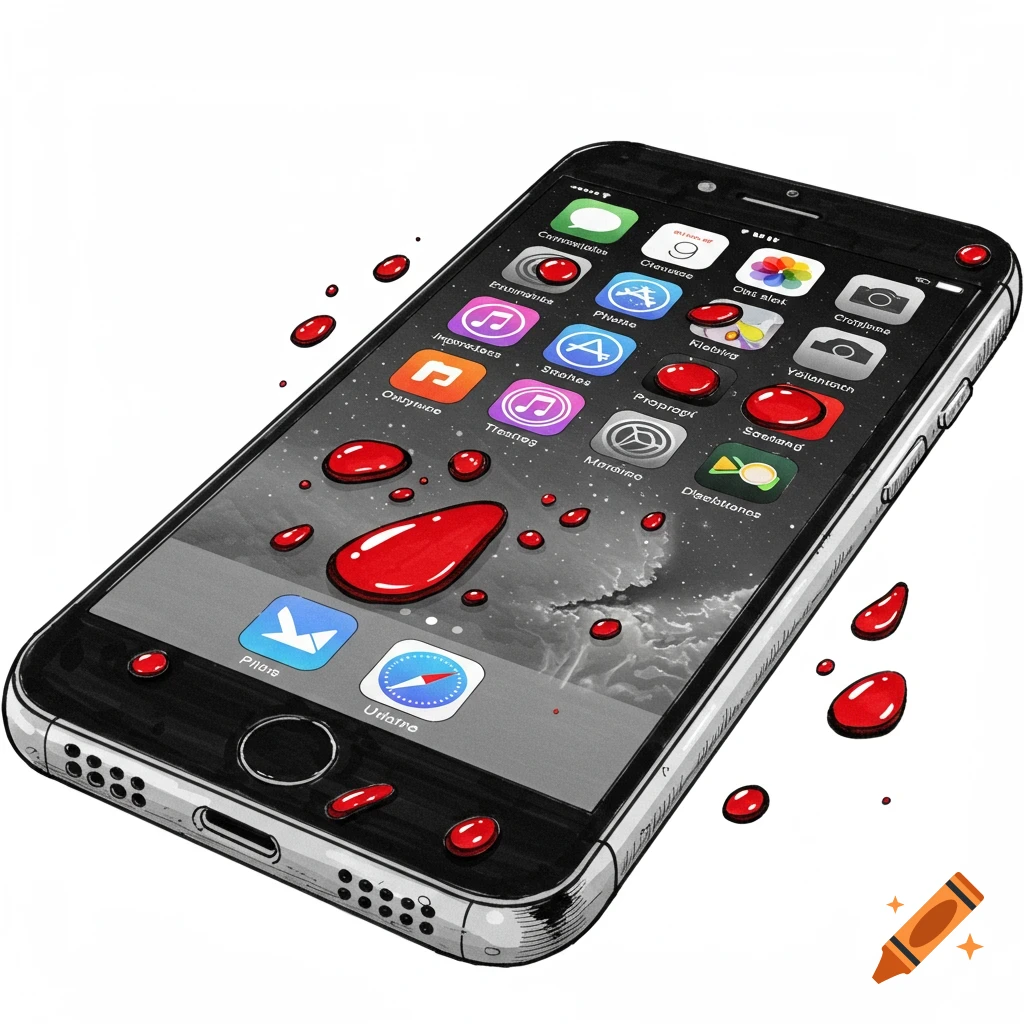 Hand-drawn black and white iPhone with red drops on its screen and around it.