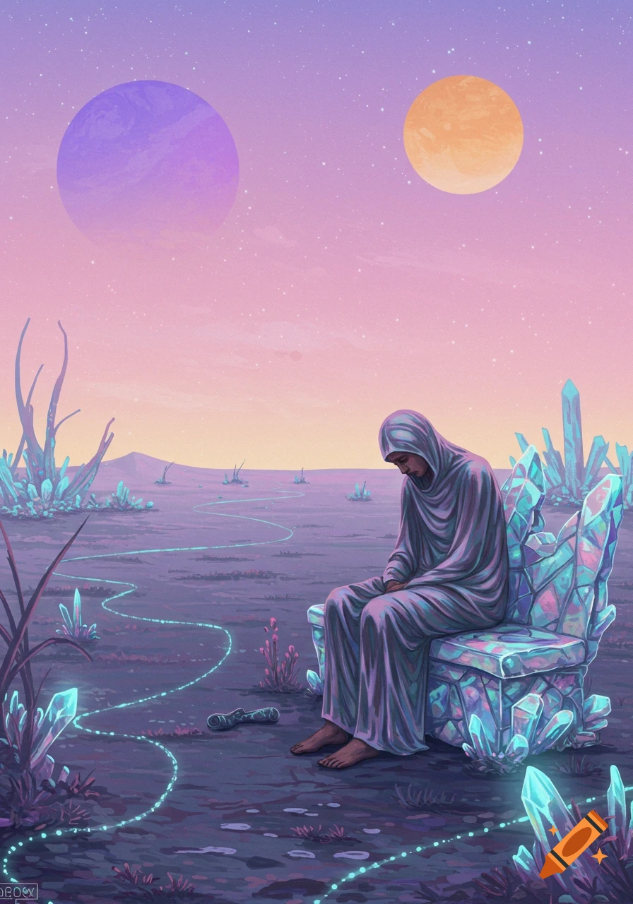 A robed figure sits on a crystal throne on a purple alien planet with two moons and glowing crystals, in an illustrated sci-fi art style.